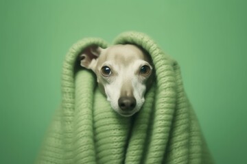 Photography in the style of pensive portraiture of a funny italian greyhound dog wearing a thermal blanket against a spearmint green background. With generative AI technology