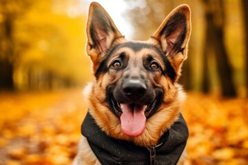 Medium shot portrait photography of a happy german shepherd wearing a jumper against a gold background. With generative AI technology - obrazy, fototapety, plakaty