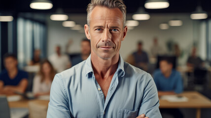 portrait leader man in casual T shirt in a boardroom.Generative ai