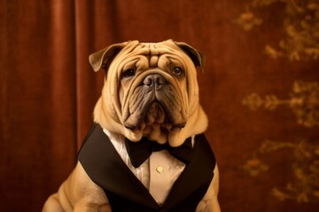 Medium shot portrait photography of a cute chinese shar pei dog wearing a tuxedo against a gold background. With generative AI technology