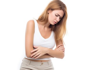 shot of a woman clutching her stomach in pain against a white background