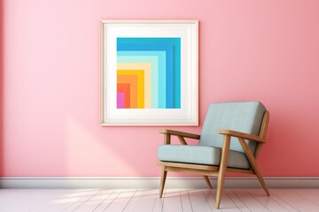 vintage style armchair in a room with pink wall and stripped colour lines wall frame in the background with copy space. can be used for mockup template 