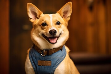 Medium shot portrait photography of a smiling norwegian lundehund wearing a denim vest against a gold background. With generative AI technology
