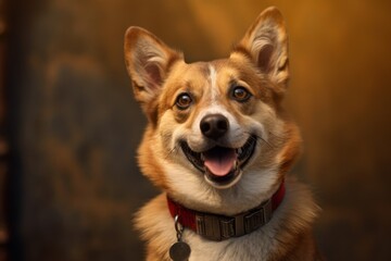 Medium shot portrait photography of a smiling norwegian lundehund wearing a denim vest against a gold background. With generative AI technology - obrazy, fototapety, plakaty