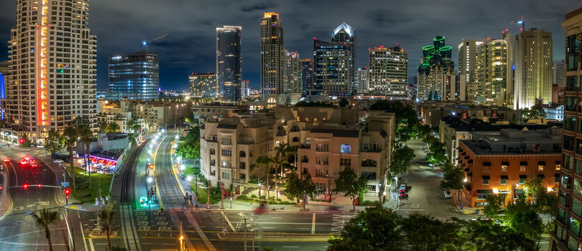 Fototapeta San Diego downtown night aerial cityscape