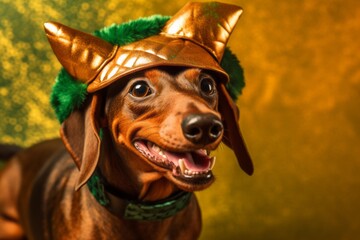 Close-up portrait photography of a smiling dachshund wearing a dinosaur costume against a copper...