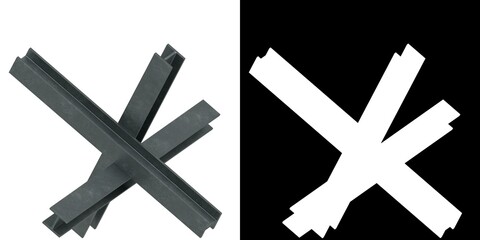 3D rendering illustration of a Czech hedgehog anti-tank barricade obstacle with I-shaped beams © Francesco Milanese