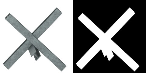 3D rendering illustration of a Czech hedgehog anti-tank barricade obstacle with I-shaped beams © Francesco Milanese