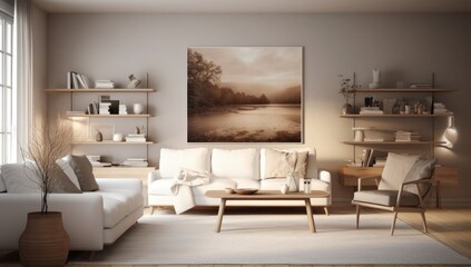 Modern living room interior with white sofa and vintage painting