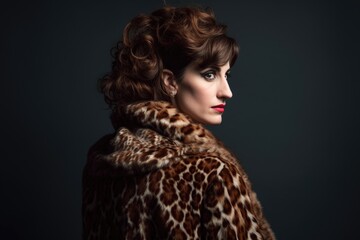 studio shot of a beautiful woman wearing an animal print faux fur coat