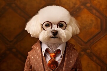 Lifestyle portrait photography of a cute bichon frise wearing a dapper suit against a copper brown background. With generative AI technology