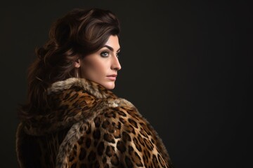 studio shot of a beautiful woman wearing an animal print faux fur coat