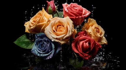 Colorful roses on a black background with water drops and splashes. Mother's day concept with a...