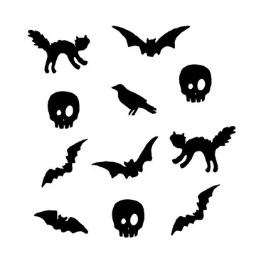 Wallpapers and graphic elements of cat, skull, bat, monsters and spiders for Halloween