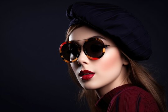 studio shot of a beautiful young fashion model wearing sunglasses and a beret