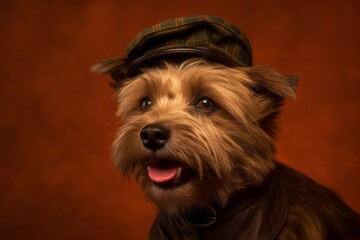 Medium shot portrait photography of a smiling cairn terrier wearing a beret against a copper brown background. With generative AI technology