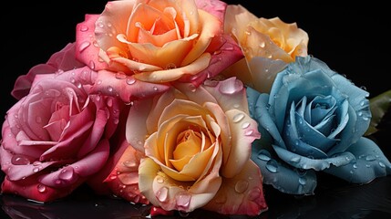Beautiful multicolored roses with drops of water on black background. Mother's day concept with a space for a text. Valentine day concept with a copy space.