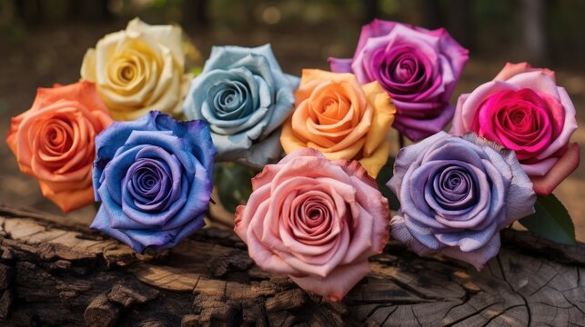 Colorful roses on a stump in the forest. Selective focus. Mother's day concept with a space for a text. Valentine day concept with a copy space.