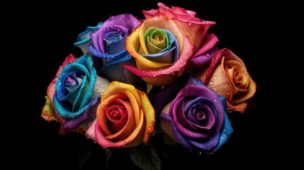 Beautiful multicolored roses on a black background close-up. Mother's day concept with a space for a text. Valentine day concept with a copy space.