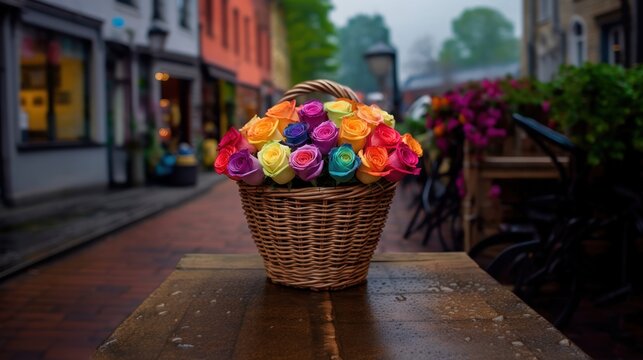 Colorful artificial roses in a wicker basket. Selective focus. Mother's day concept with a space for a text. Valentine day concept with a copy space.