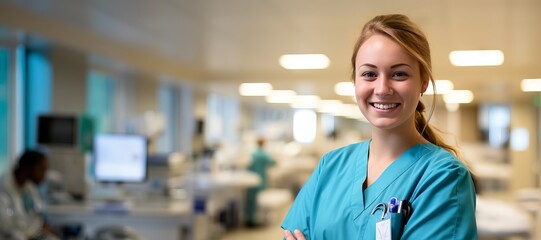 Portrait of smiling female nurse standing in hospital corridor with copy space white space