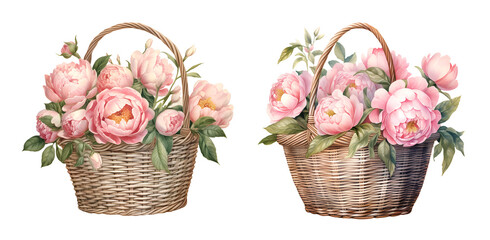 Fototapeta na wymiar Peonies watercolor clipart illustration with isolated background
