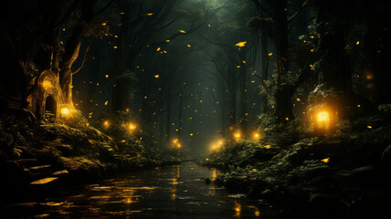 Dark green forest with many yellow fireflies generative ai