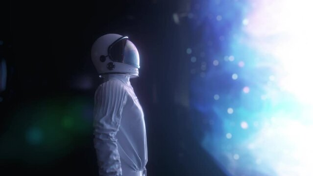 Alone Astronaut in Futuristic Spaceship Room
