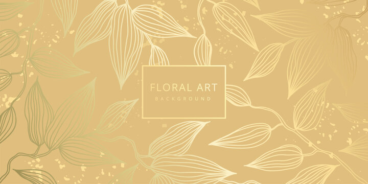 Luxury floral gold abstract background with hand drawn flowers. Vector design template for postcard, wall poster, business card, flyer, banner, wedding invitation, print, cover, wallpaper