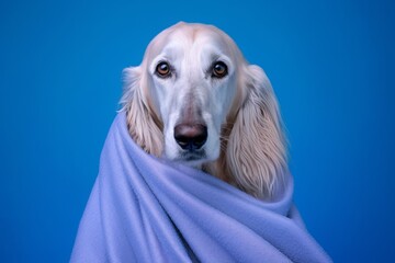 Photography in the style of pensive portraiture of a funny afghan hound dog wearing a thermal blanket against a periwinkle blue background. With generative AI technology
