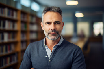 Fototapeta premium Generative AI photo of clever successful confident worker standing in modern class room in front of library bookshelf