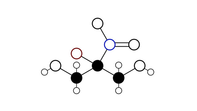 bronopol molecule, structural chemical formula, ball-and-stick model, isolated image 2-bromo-2-nitropropane