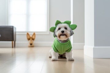 Group portrait photography of a cute havanese dog wearing a dinosaur costume against a minimalist...