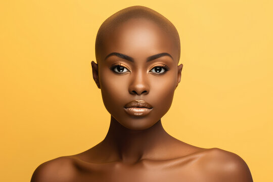 Young attractive african american woman with shaved head against pastel yellow background
