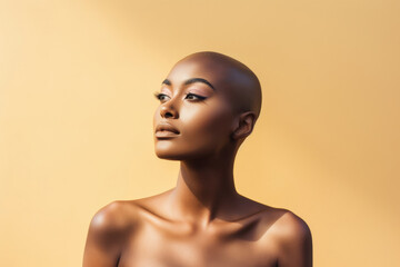 Young attractive african american woman with shaved head against pastel yellow background