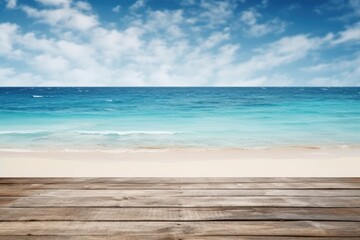 Fototapeta na wymiar Beautiful scenery of the sea with wooden table on the beach
