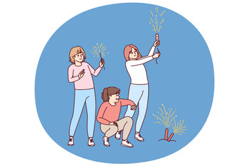 Happy children have fun throwing fireworks outdoors. Smiling girls kids celebrate with festive illuminations. Vector illustration.