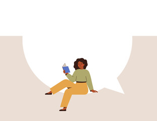 Happy Woman with book sits on the big empty speech bubble. Girl is on the large frame online message and reading something. Business female sharing her opinions. Education concept. Vector illustration - 644162077