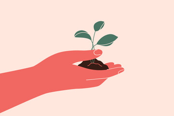 Human hand holds small green tree. Young Plant growths from the ground and person keeps it in his palm. Green energy and sustainable lifestyle concept. Save the planet vector ecology illustration