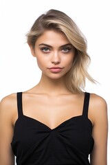 Fototapeta premium Girl wearing black tank top template for design print | Young woman in black tank top isolated on white background
