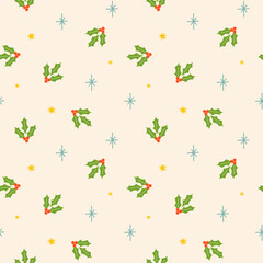 Christmas holly flowers, modern seamless pattern design. Hand drawn vector holiday illustration for wrapping, fabric, surface design