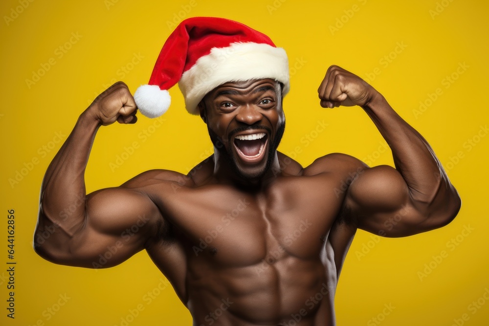 Poster dark-skinned smiling man in santa claus hat showing muscles.