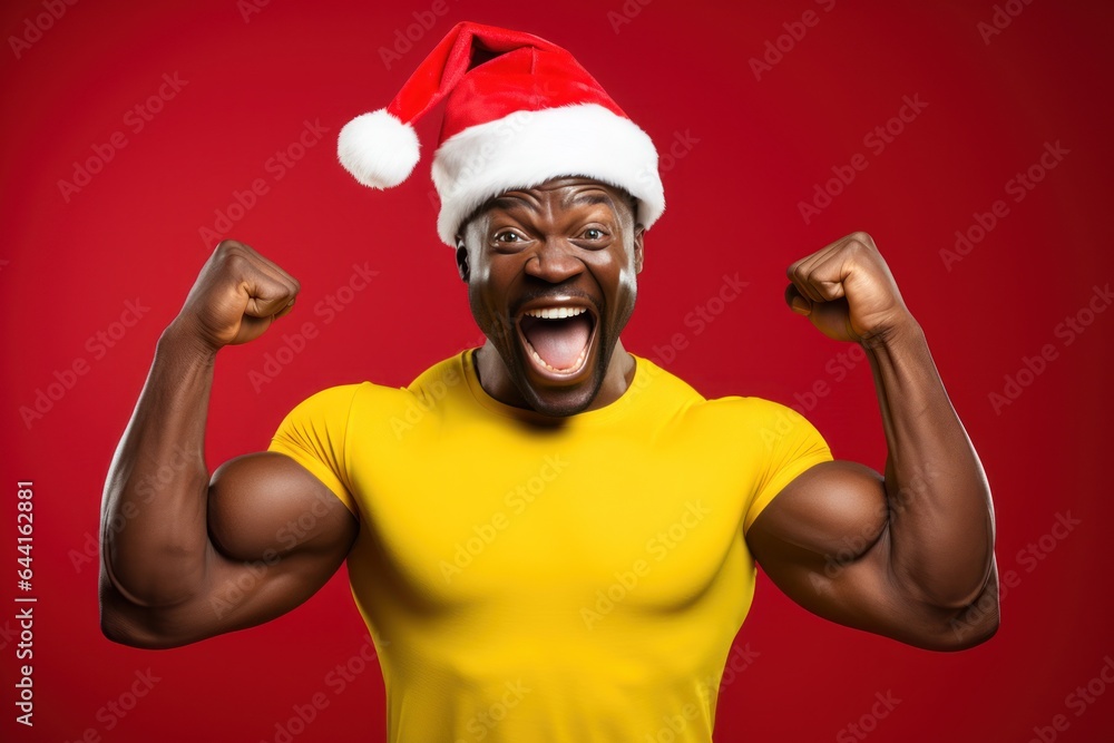 Poster dark-skinned smiling man in santa claus hat showing muscles.