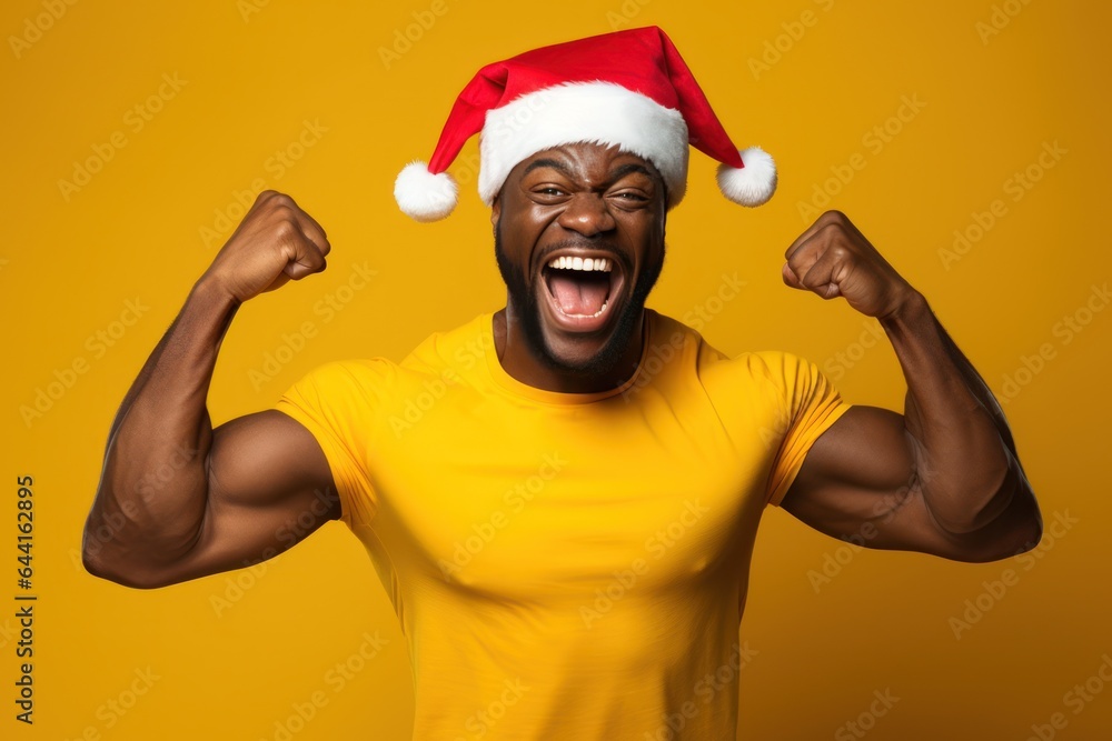 Poster dark-skinned smiling man in santa claus hat showing muscles.