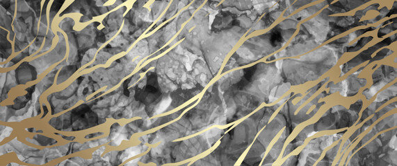 Abstract black and gold ink vector art background for cover design, card, flyer, poster and design interior. Hand drawn illustration. Fluid art. Monochrome watercolor backdrop. Black stone. Marble.	