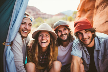 Group of backpackers sitting and resting while climbing to the Sedona canyon, surrounded by beautiful nature. Travel, backpacking and active lifestyle concept.	