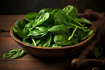 Fresh spinach leaves in a wooden bowl