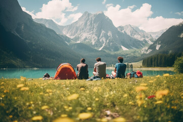 Group of backpackers sitting and resting while climbing to the Julian Alps surrounded by beautiful nature. Travel, backpacking and active lifestyle concept.