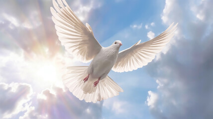 Obraz premium A white dove with wings wide open in the blue sky air with clouds.generative ai