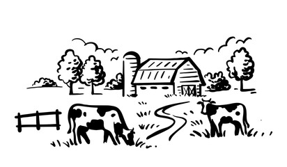 Village cows with barn sketch. Rural landscape countryside.